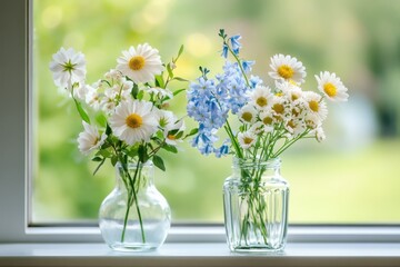 Daisies and bluebells in vases on the windowsill indoors during the day