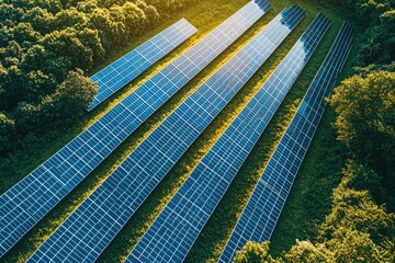 aerial view of solar panels array in a green field, renewable energy source for clean power