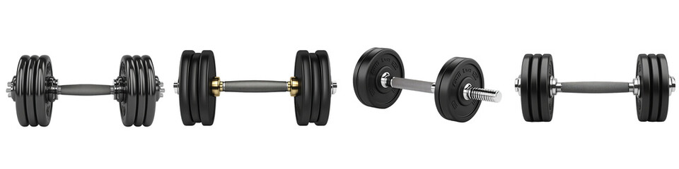 Naklejka premium A series of dumbbells showcasing different weights and adjustments for strength training.