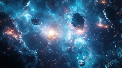 Obraz premium A surreal galaxy panorama with glowing asteroids, luminous nebulas, and a futuristic spaceship exploring deep space