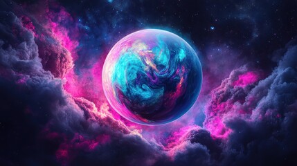 Obraz premium A surreal multicolored planet silhouette with swirling gas clouds and a bright aurora
