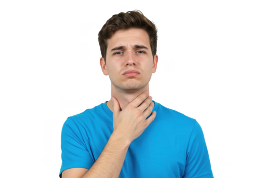Young handsome man in blue t-shirt, touching his neck because it hurts after long working hours, feeling exhausted and worried isolated on White background