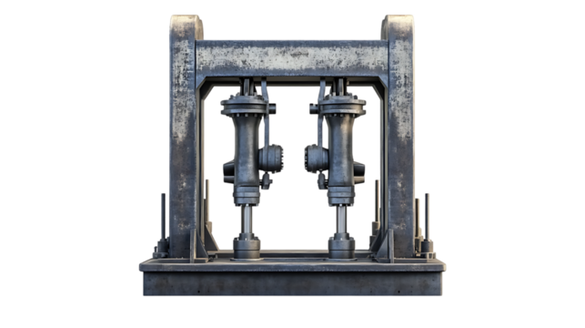 Industrial machinery framework with two large metal pipes stands prominently