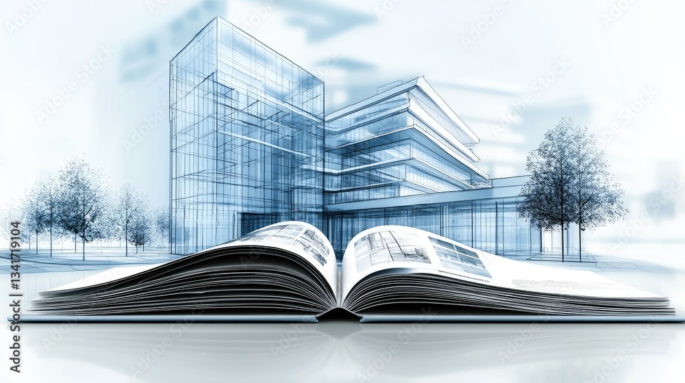 Wall mural drawing of an open book showing photos of modern architecture