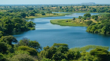 Fototapeta premium A freshwater lake surrounded by dense vegetation and wildlife