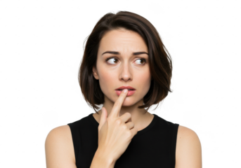 Portrait of curious woman touching lips with finger looking away isolated on White background