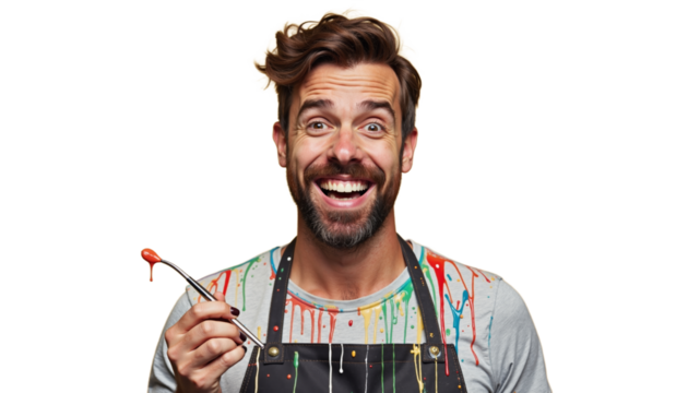 Happy artist with colorful apron holding paintbrush in creative studio
