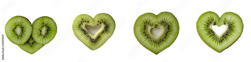 Poster on a transparent background, an isolated kiwi slice is presented in a heart shape, generated by ai