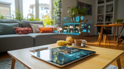 A tablet placed on a wooden coffee table, with a holographic shopping interface showing items floating in the air