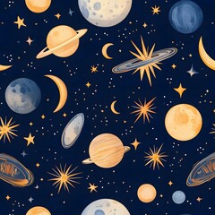 A seamless pattern of celestial elements including moons, stars, and planets in a dreamy night sky.