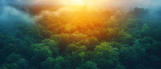 Fototapeta premium The background with green forest and mist at dawn is suitable for designs related to nature, ecology and relaxation.