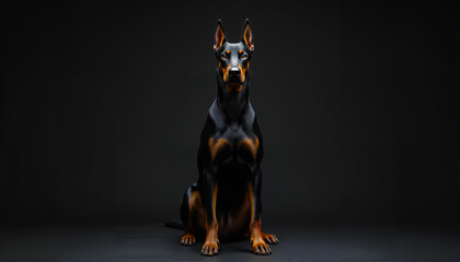 A muscular Doberman with a glossy coat and focused expression, captured in dramatic lighting.