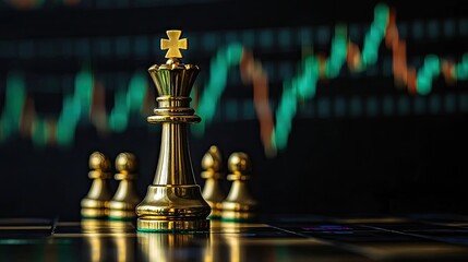 golden king of chess pieces, trading charts on the background, black background
