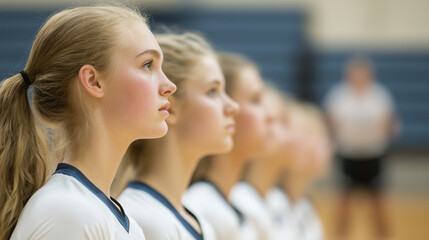 Volleyball team strategizing during timeout in competitive match