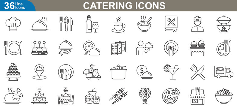 Catering icons set. Food service, event catering, hospitality industry, buffet, fine dining, delivery, kitchen equipment, event planning and more. Vector Illustrations