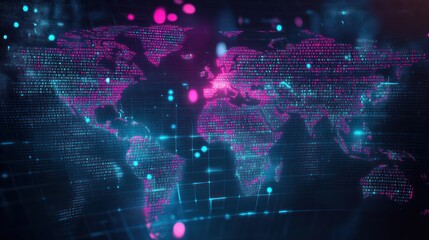 Obraz premium A tech-inspired world map made of binary code, with a cyberpunk aesthetic representing a smart digital future.