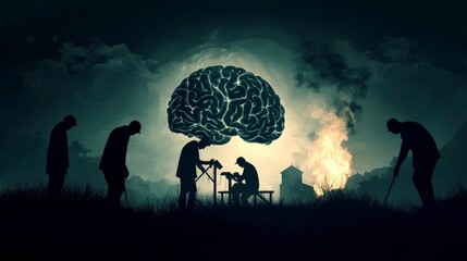 Conceptual Brain Illustration  Men Repairing Mind  Dark Landscape