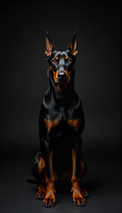 A confident Doberman stands alert, its sharp gaze and sleek body captured in professional lighting.