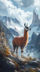Llama Standing Majestically in a Rugged Mountain Landscape