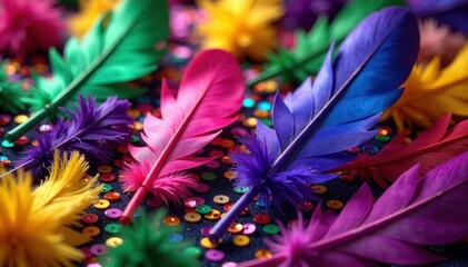 Obraz premium Colorful feathers scattered across a vibrant Mardi Gras float with sequins, float, colorful feathers