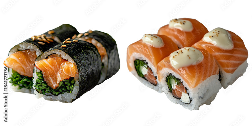 Poster On a transparent background, a realistic salmon maki sushi roll is isolated, a creation of Generative Ai