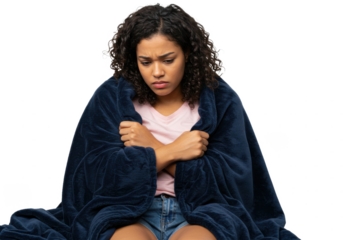 Upset young woman freezing, feeling cold at home, sitting on sofa covered with blanket isolated on White background