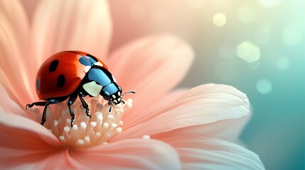 Ladybug Crawling on Soft Pink Flower Petals in Bright Natural Light