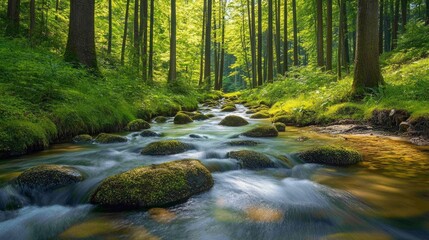 Obraz premium A calm forest stream surrounded by greenery and moss creates an atmosphere of peace and oneness with nature, perfect for articles about travel and ecology.