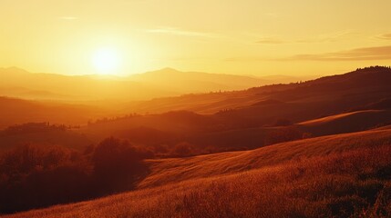 Serene Sunset Over Rolling Hills and Valley in Warm Golden Light