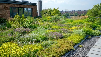 A green rooftop garden in a city supporting biodiversity