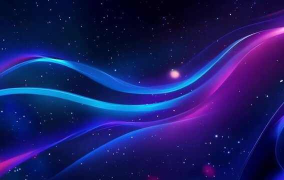 Smooth flowing waves of pink and blue light on dark background, copy space