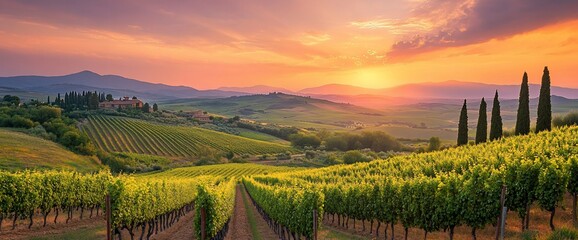 Fototapeta premium Scenic Tuscany vineyard at sunset, rows of vines leading to the horizon