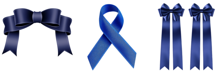 A stock image features a glossy blue satin ribbon, distinguished by flowing curves, positioned on a transparent background