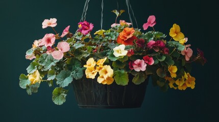 Fototapeta premium Vibrant Hanging Planter with Colorful Begonias Against Dark Background