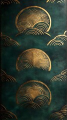 Celestial Harmony: A close-up shot of a unique piece of art, golden semicircles and wave patterns stand out against a deep teal backdrop, evoking a sense of serenity and elegance. 