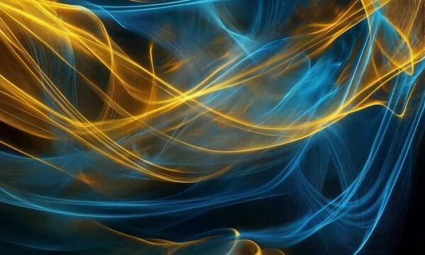Dynamic flowing lines of blue and orange on dark background, copy space