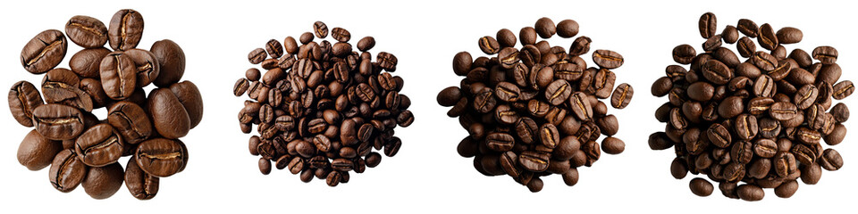 Obraz premium Against a transparent background, an arrangement of scattered roasted coffee beans showcases rich brown tones and visible texture, all generated by Ai