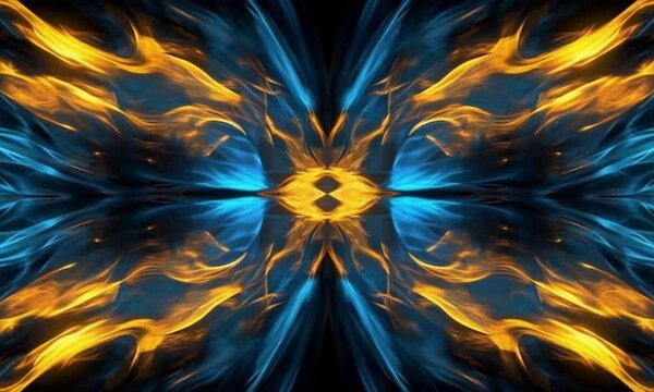 Abstract symmetrical design of blue and orange flowing light, copy space