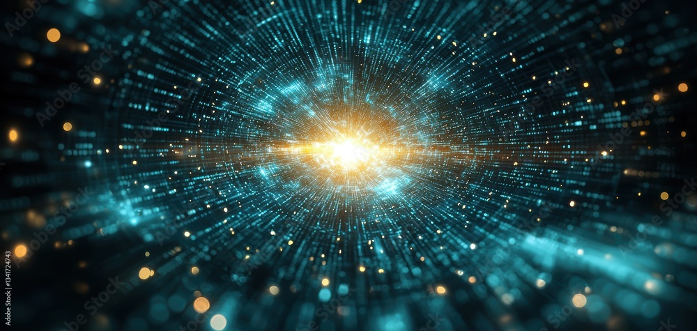 Poster abstract digital visualization with a burst of light and data patterns, representing technology and 