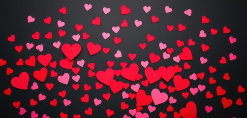 Scattered red and pink paper hearts confetti on dark background, pastel, element, dark background