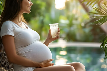 Pregnant caucasian female relaxing poolside with refreshing drink in nature