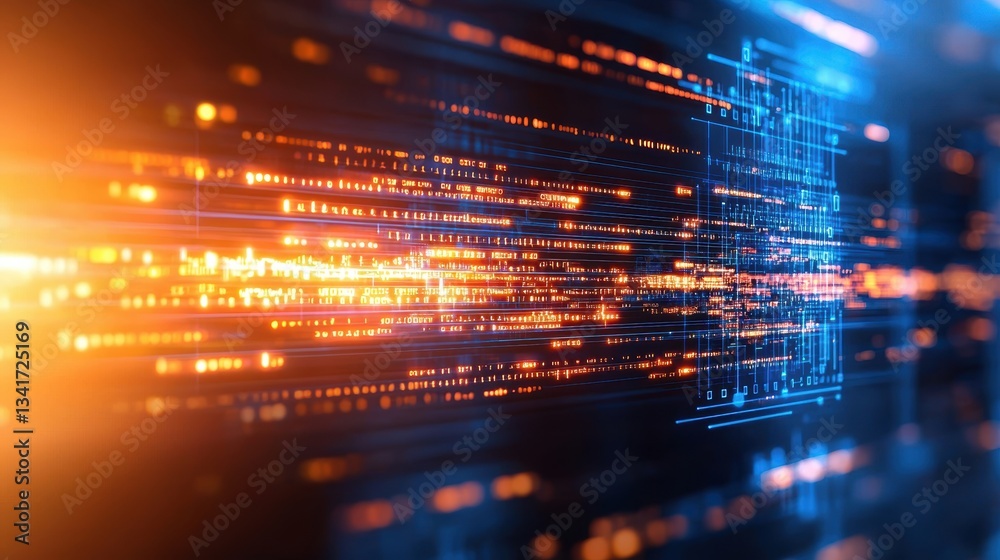 Poster abstract digital lines and glowing light create a dynamic background, symbolizing technology and dat