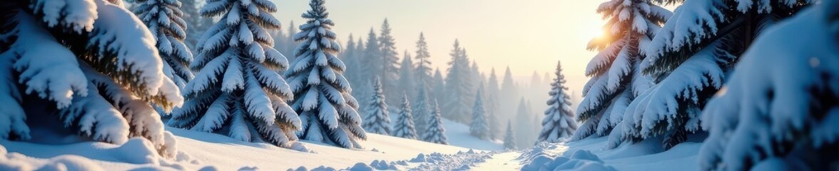 Naklejka premium Snow-covered pine trees, glistening snowflakes on a crisp winter day , festive, frozen, shimmer