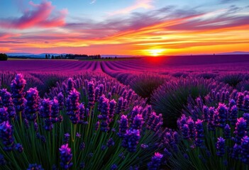 Fototapeta premium Sunset paints lavender field in vibrant hues, creating breathtaking panorama, scenic, purple