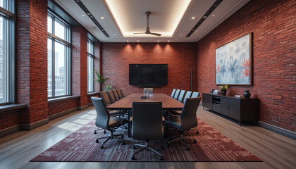 Futuristic Red Brick Conference Room with Modern Furniture. Generative AI