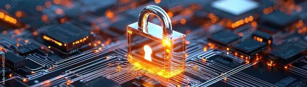 Poster a digital lock icon sits atop a circuit board, symbolizing cybersecurity and data protection in a te