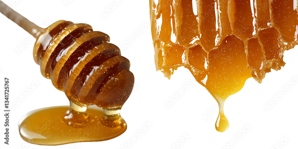 Poster Generative Ai has created an image of golden honey with a smooth texture and glossy transparency, isolated against a transparent background