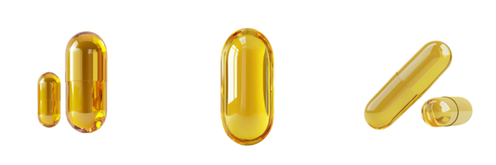 The image features a golden softgel capsule filled with liquid supplement, isolated on a transparent background, generated by Generative Ai