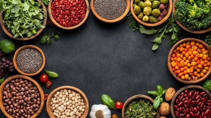 Overhead view of assorted healthy foods featu beans, seeds, vegetables, and fresh herbs in wooden bowls on a dark gray background with empty space