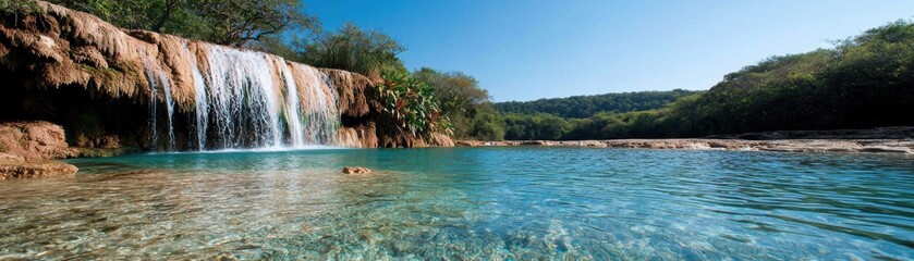 Fototapeta premium A serene waterfall cascades into a clear, tranquil pool surrounded by lush greenery under a bright blue sky.
